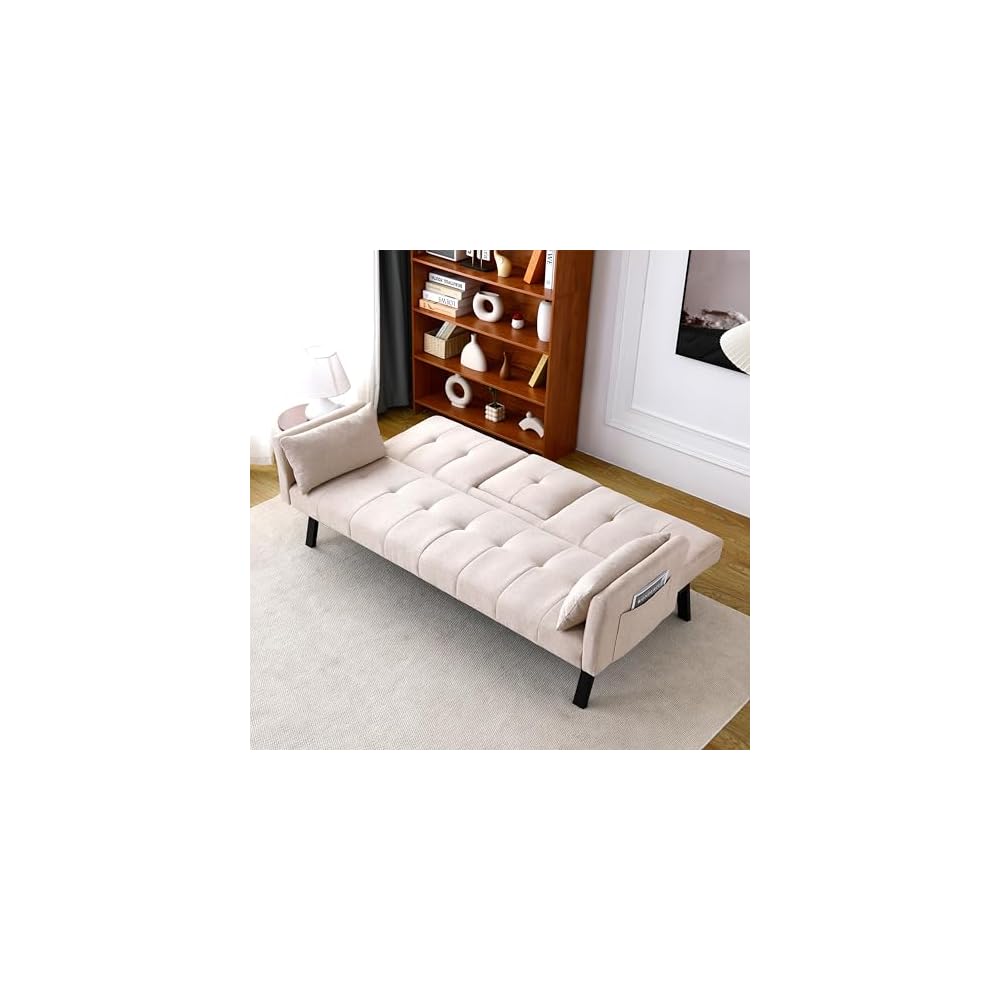 KEIKI 70" Loveseat Sofa Bed with Cup Holders & Side Pockets, Tufted Backrest, 3 in 1 Cotton & Linen Convertible Sleeper for Small Spaces, Beige