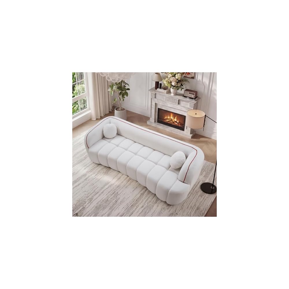 KEIKI 98.4" Compressed Sofa, 3 Seater Cloud Couch Corduroy Sofa, Tufted Couch with 2 Pillows Comfy Deep Seat for Living Room, Apartment, Office, White