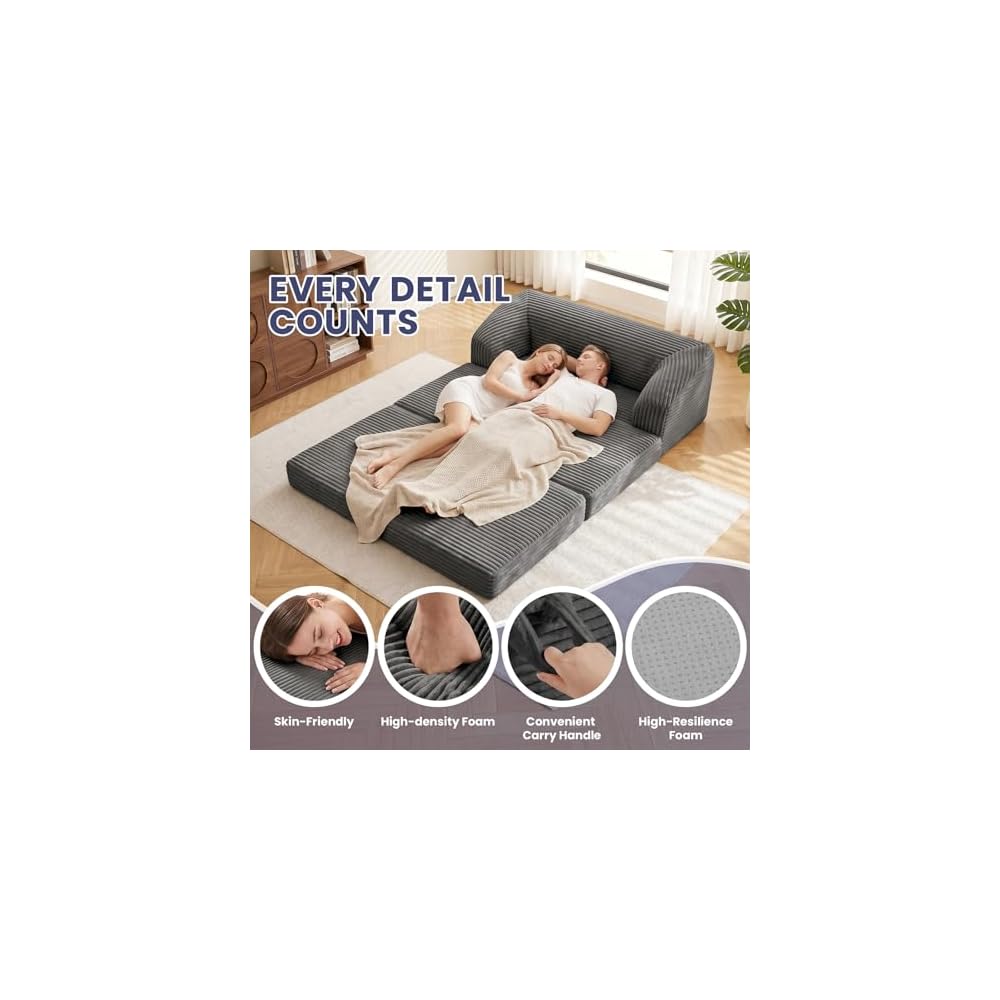 JUIKURY Convertible Sofa Bed, 3-in-1 Foldable Loveseat Couch with Armrest, Corduroy Floor Sofa & Sleeper Bed, No Assembly High-Density Foam Futon Mattress for Living Room, Small Apartment, Dorm