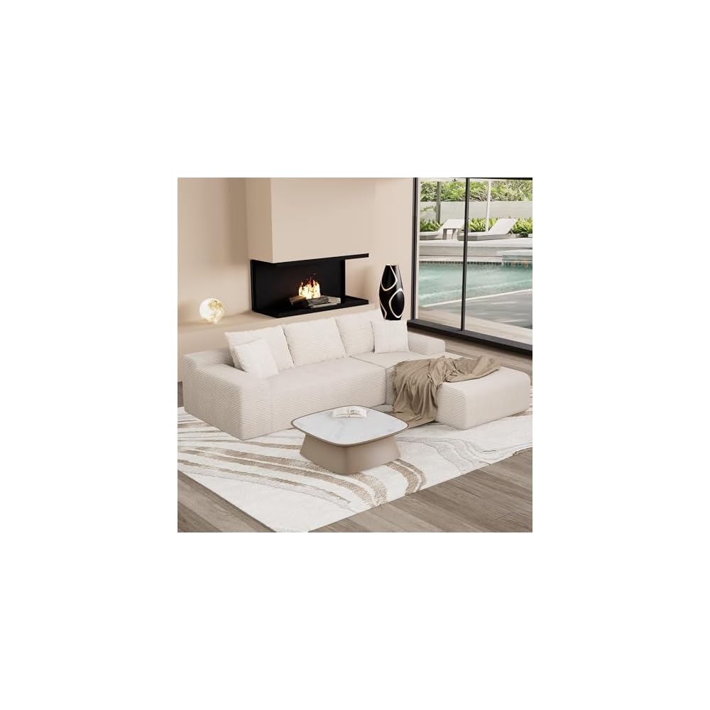96" L Shaped Modular Sectional Sofa, Boneless Cloud Couch with Deep Seat Chaise, Compressed Memory Foam Corduroy Sofa, No Assembly, 3 Seater Couch for Living Room, Apartment, Bedroom, Beige