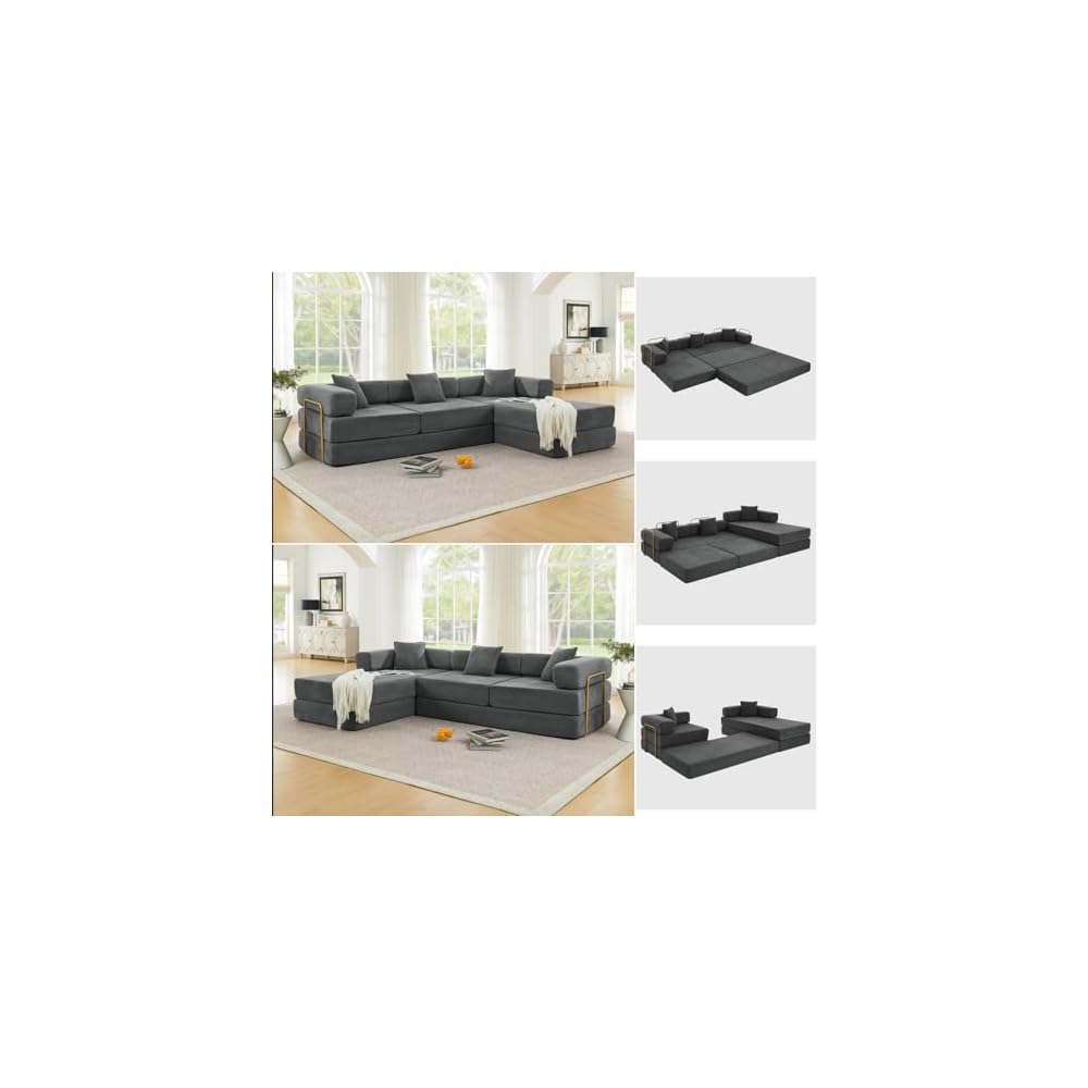 ivoros 108" Modular Sectional Sofa,Futon Convertible Sofa Bed,Oversized Corduroy Boneless Couch for Living Room,Floor Loveseat Sleeper with Pull Out Bed,Free Combination,No Assembly Required (Grey)
