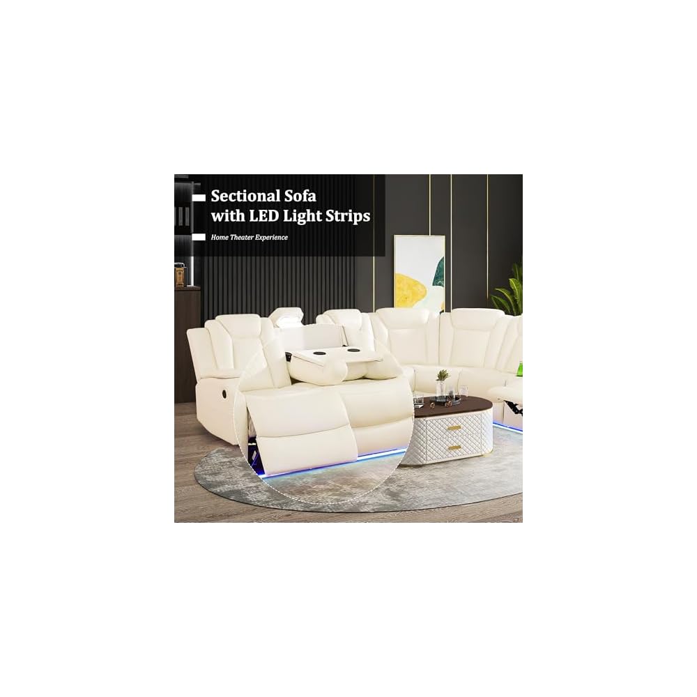 Power Recliner Sectional Sofa with LED Light, Breathing Leather Recliner Sofa Couch with Storage/Cup Holder for Living Room Home Office Theater (Cream White)
