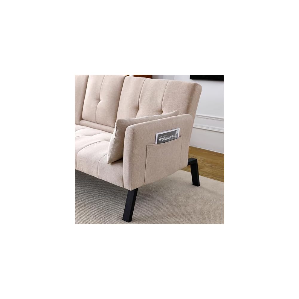 KEIKI 70" Loveseat Sofa Bed with Cup Holders & Side Pockets, Tufted Backrest, 3 in 1 Cotton & Linen Convertible Sleeper for Small Spaces, Beige
