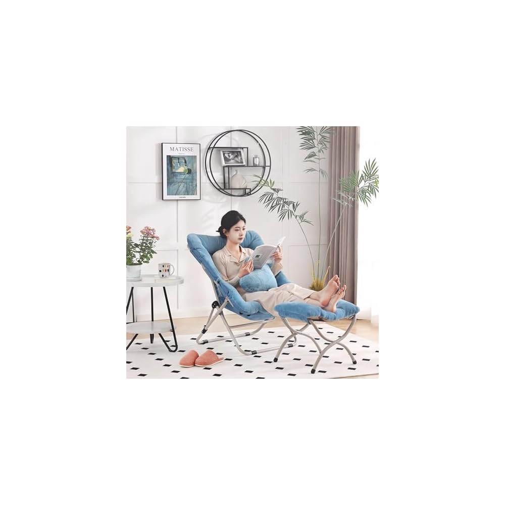 Saucer Chair with Ottoman, Folding Faux Fur Moon Chair, Blue