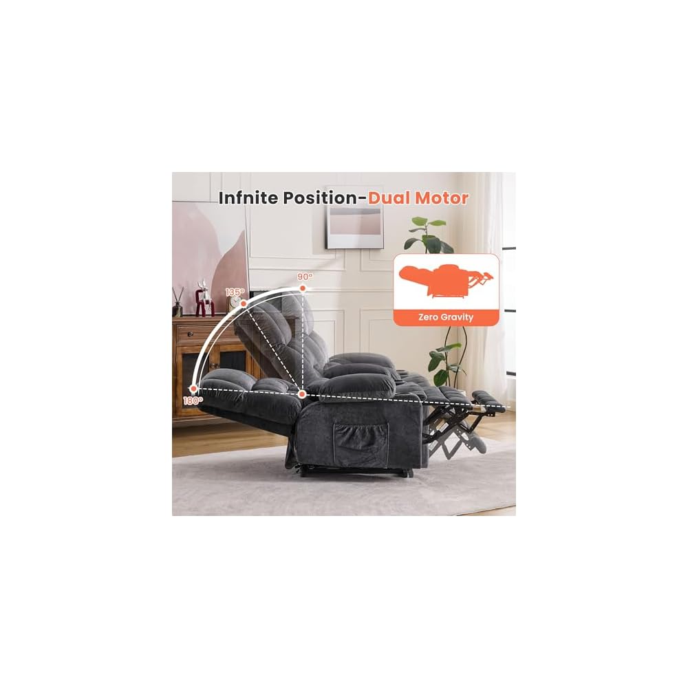Dual Motor Power Lift Recliner Chair for Elderly, Lay Flat Big Lift Chair with Waist Kneading Massage & Heat, Extended Footrest, Cup Holders, USB Ports, Soft Fabric Recliner for Tall Seniors (Gray)