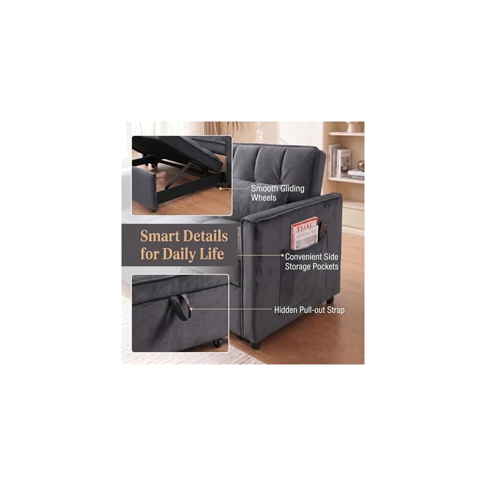 Sleeper Sofa 54", Velvet Convertible Sofa Bed, Gray