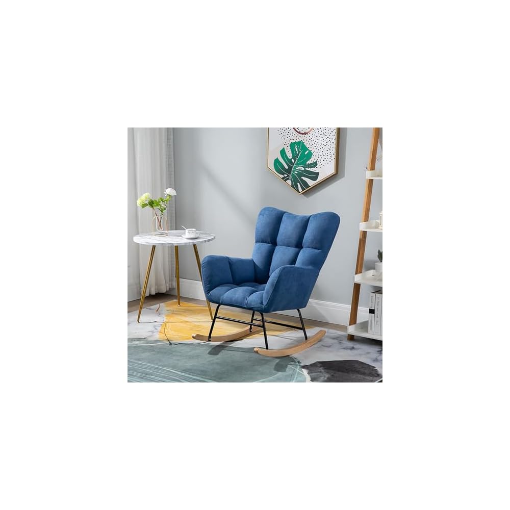 Nordic Rocking Chair Single Sofa Fireside Rocking Chair Patchwork Fabric Lounge Wing Back Chair with Solid Wood Legs Cotton and Linen Leisure Chairs for Living Rooms bedr