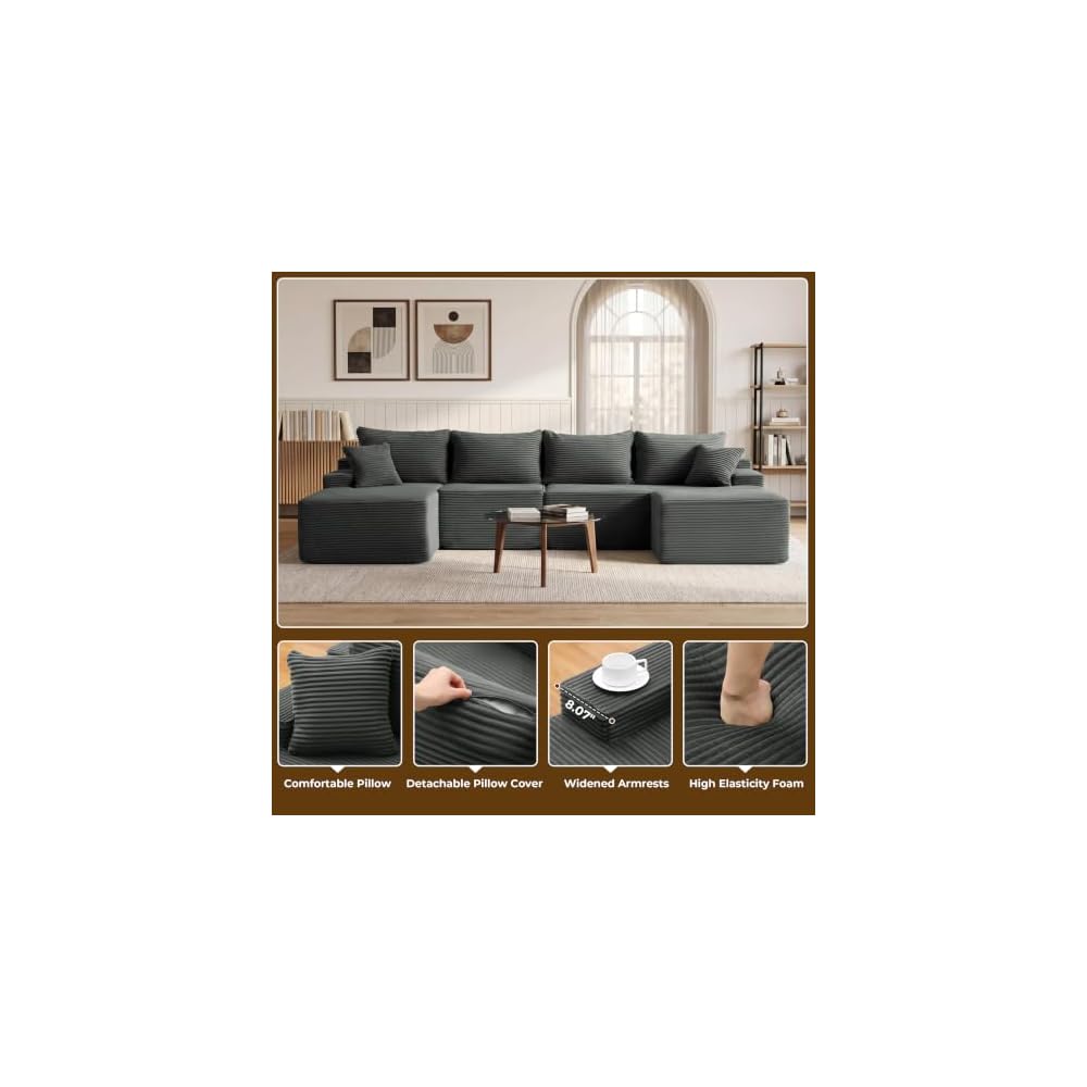 Mangodan 118'' Boneless Couch, U Shaped Couches for Living Room, Gray