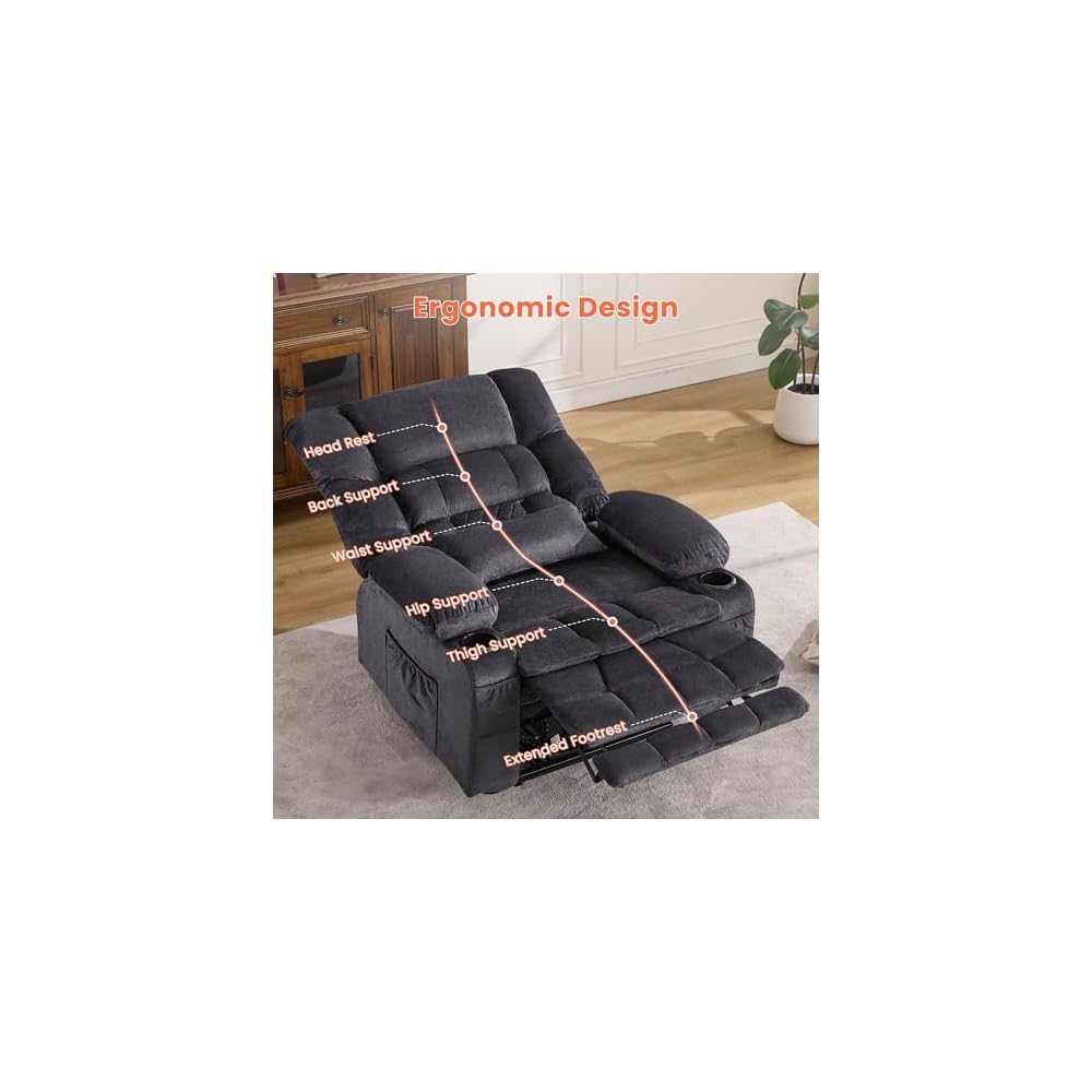 Dual Motor Power Lift Recliner Chair for Elderly, Lay Flat Big Lift Chair with Waist Kneading Massage & Heat, Extended Footrest, Cup Holders, USB Ports, Soft Fabric Recliner for Tall Seniors (Gray)