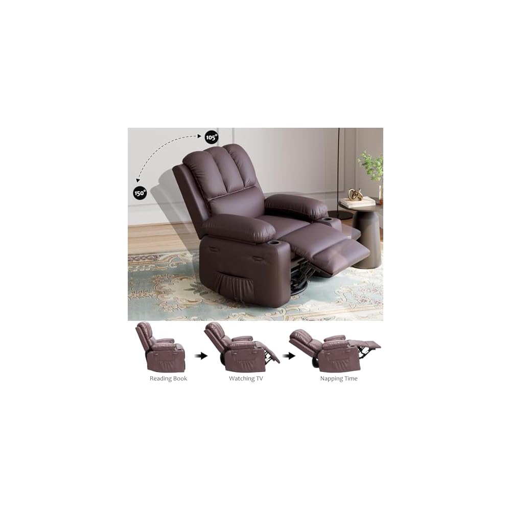 GarveeHome Leather Recliner Chair, Manual Recliner w/Comfortable Arms and Cup Holders for Living Room CF8011 - Brown, Medium