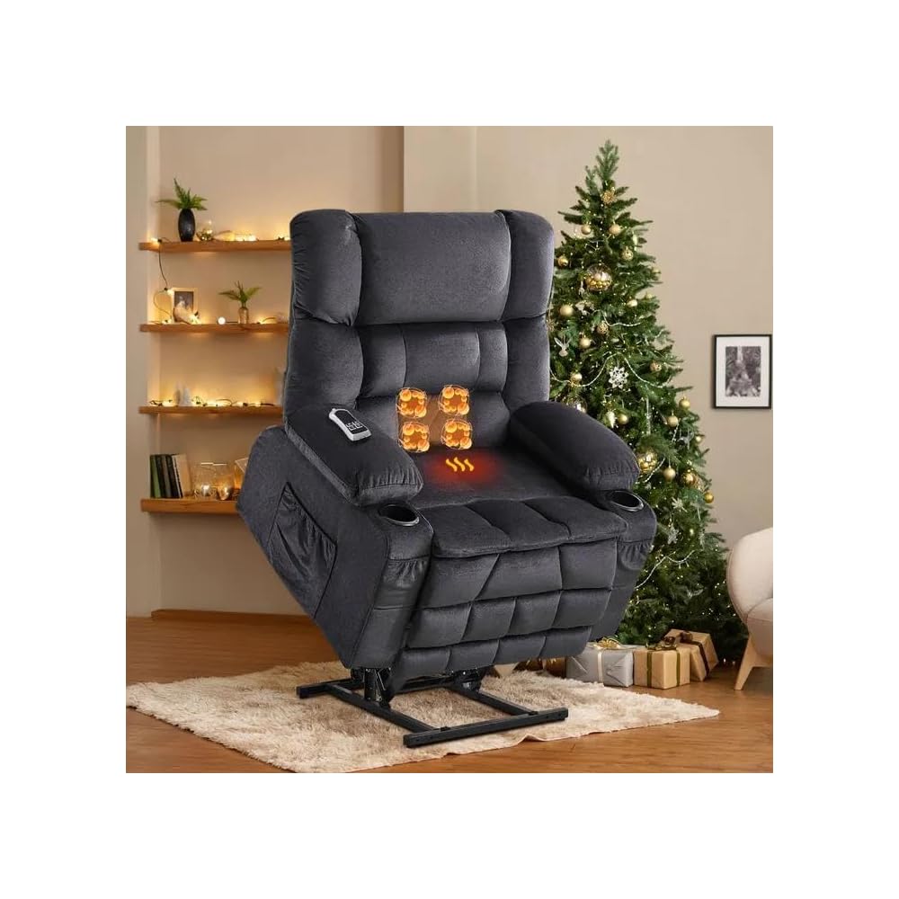 Dual Motor Power Lift Recliner Chair for Elderly, Lay Flat Big Lift Chair with Waist Kneading Massage & Heat, Extended Footrest, Cup Holders, USB Ports, Soft Fabric Recliner for Tall Seniors (Gray)
