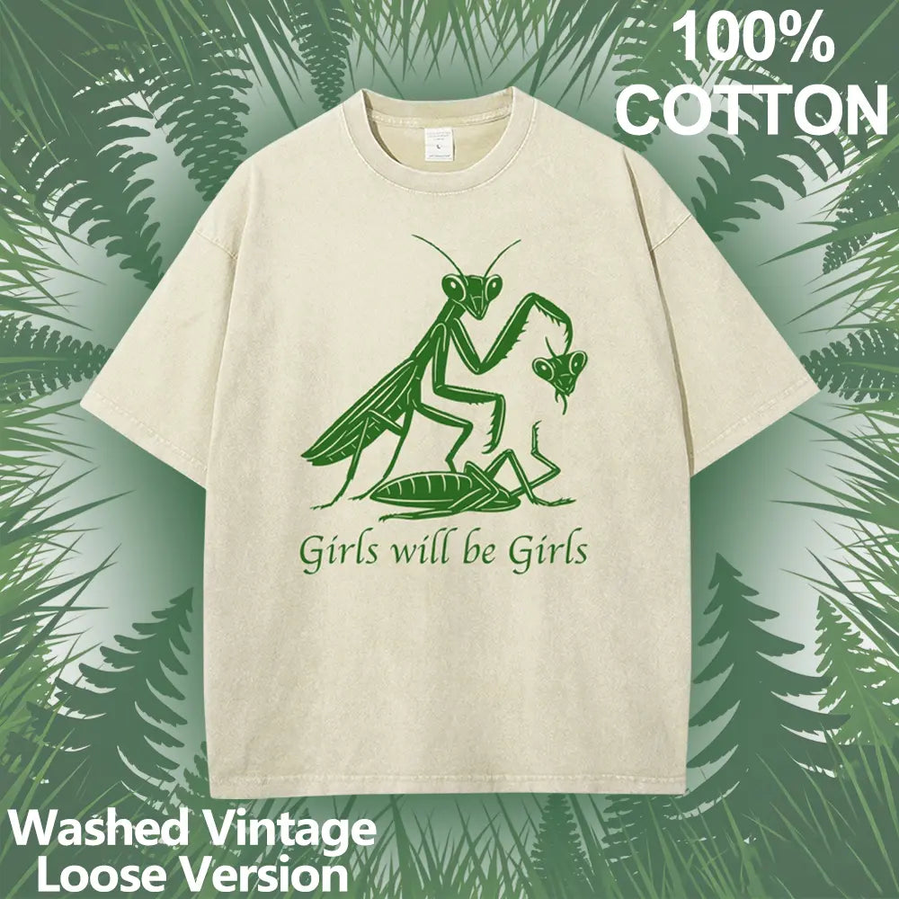 Mens Oversized Casual Graphic Tee - Unisex Vintage Washed 100% Soft Cotton Baggy Loose Top, Round Neck, Short Sleeve, "Girls Will Be Girls" Print, Mensfashion Retro Streetwear T-Shirt