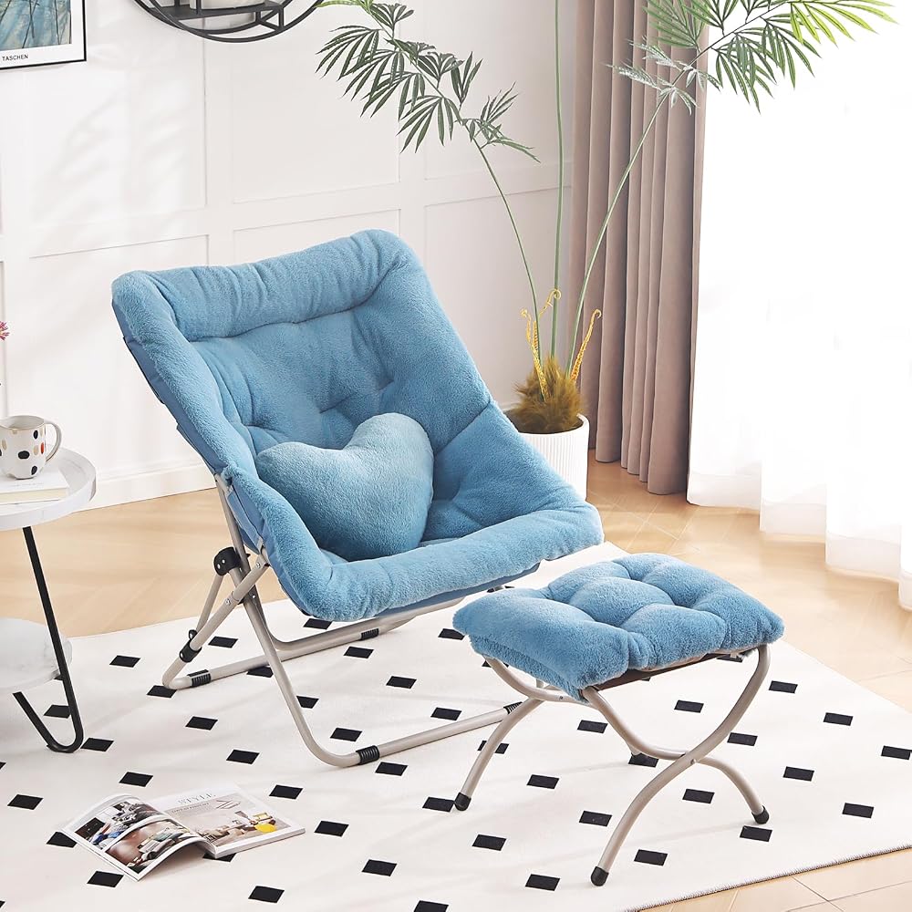 Saucer Chair with Ottoman, Folding Faux Fur Moon Chair, Blue