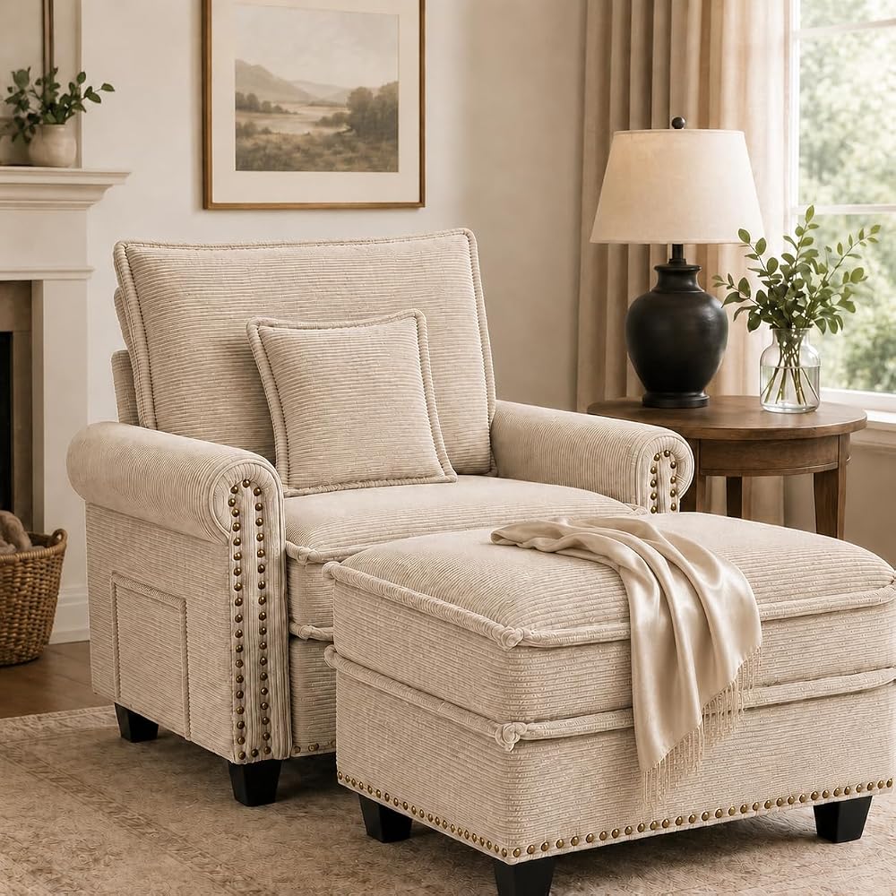 42-inch Nailhead Trim Sofa with Ottoman, Modern Corduroy Small Couch with Rolled Arms, Single Sofa Chaise Lounge for Living Room, Bedroom, Farmhouse Decor (Cofefe)