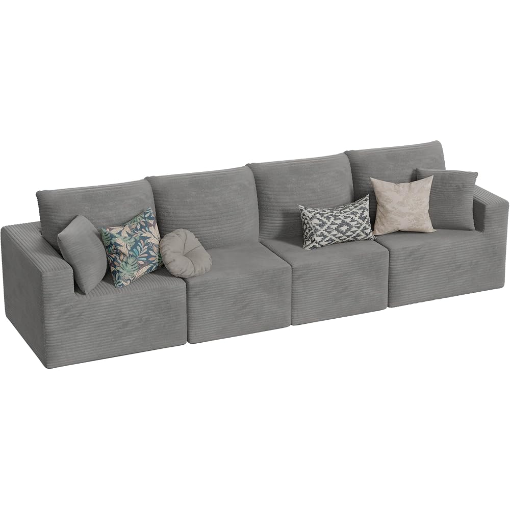 JUMMICO Boneless Couch with Deep Seat and Ottoman, Modular Sectional Sofa with Body Support, Corduroy Couches for Living Room, Apartments, Bedroom, No Assembly Required (Gray, Four Seater)