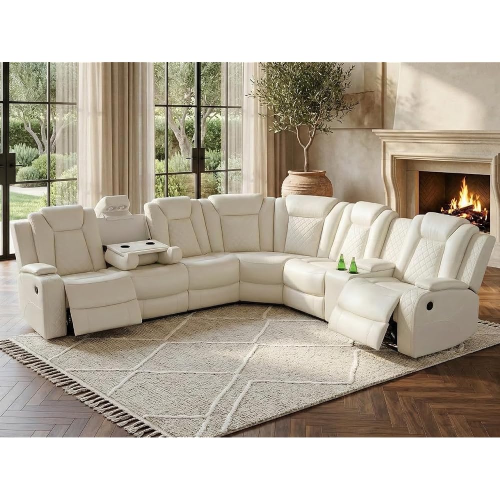 Power Recliner Sectional Sofa with LED Light, Breathing Leather Recliner Sofa Couch with Storage/Cup Holder for Living Room Home Office Theater (Cream White)