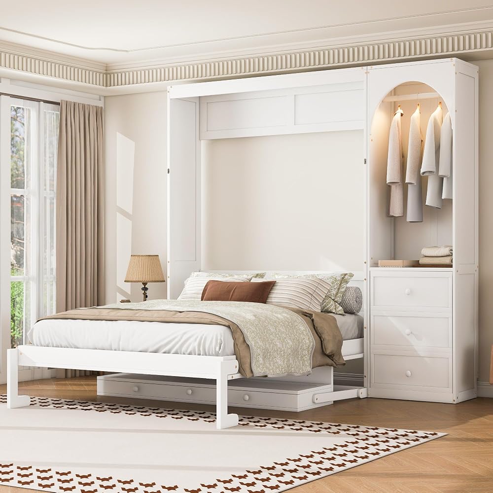 YOPTO Murphy Bed Queen Size,Murphy Bed with Stoarge Shelf,White