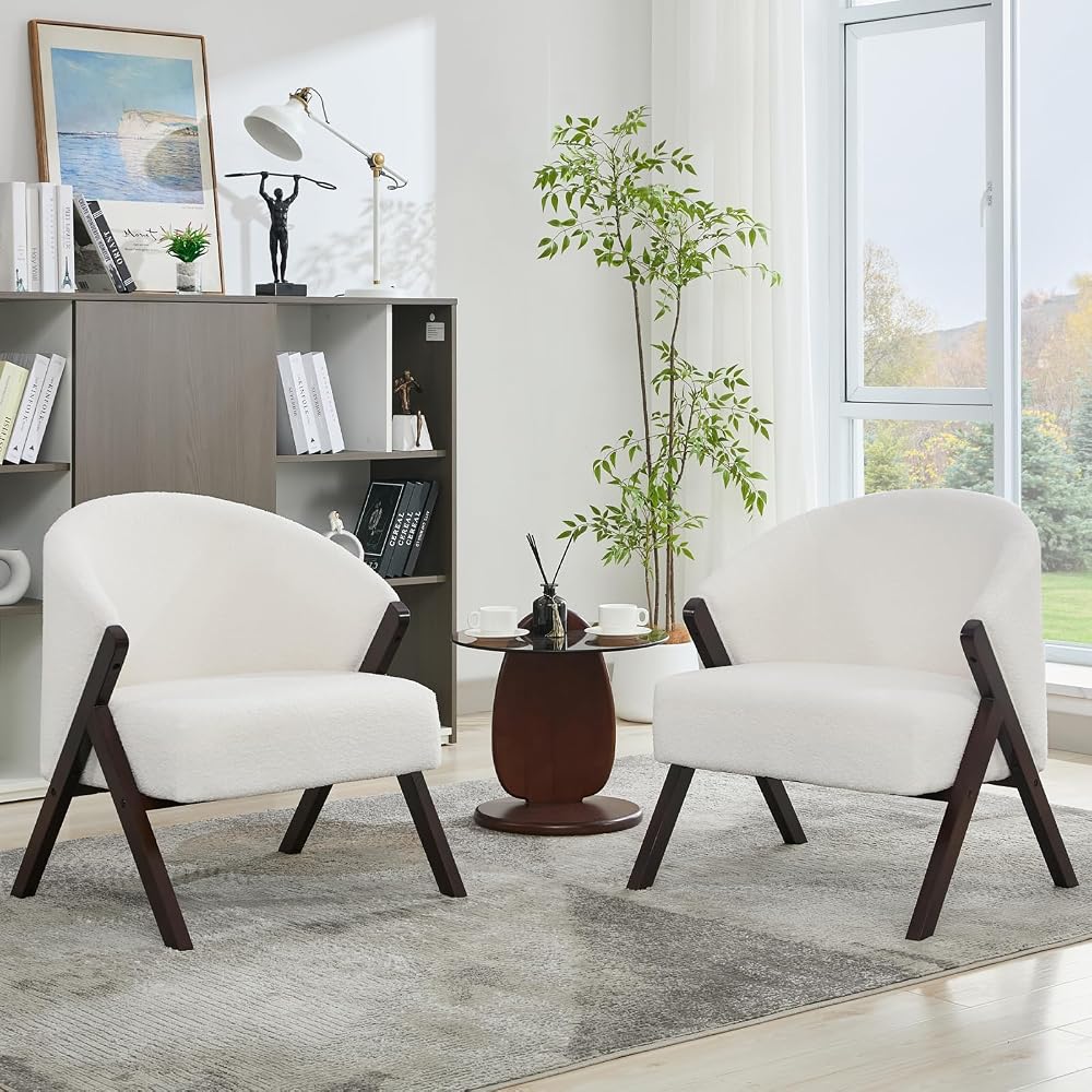 GarveeHome Teddy Fleece Lounge Chair, Living Room Chair with Backrest and Wooden Legs, Padded Reading Chair with 130 kg Load Capacity, for Living Room, 71 x 66 x 78 cm, Pack of 1