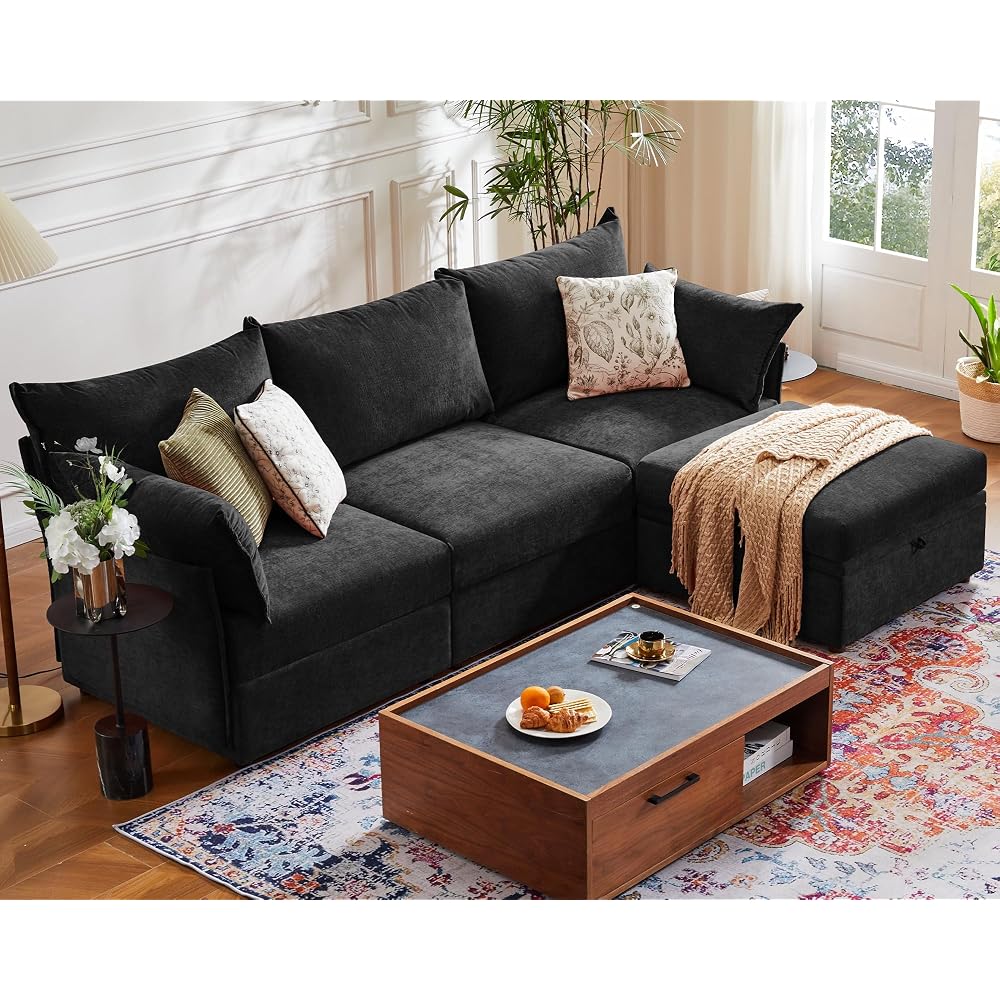 ABCASA 102.6" L Shaped Modular Sectional Couch with Washable Chenille Cover, 4 Seater Deep Seat Sofa with Storage Ottoman & Reversible Chaise for Living Room, Pet-Friendly, Black