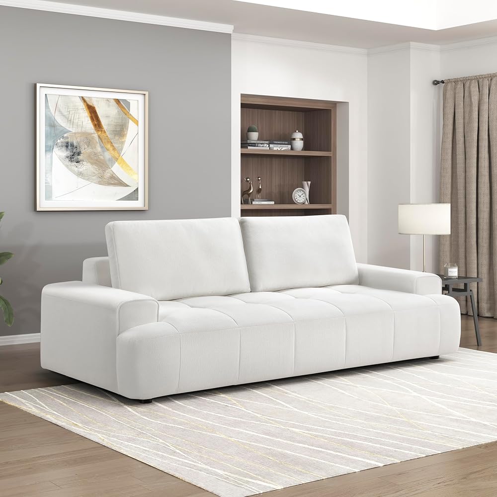 Lexicon 90"W Modern Sofa for Living Room - Soft Chenille Tufted 3 Seater Couch, Sturdy Wood, Easy Clean Removable Reversible Back Cushion Cover, Comfy Sofa for Bedroom, Apartment, Easy Assembly, Beige