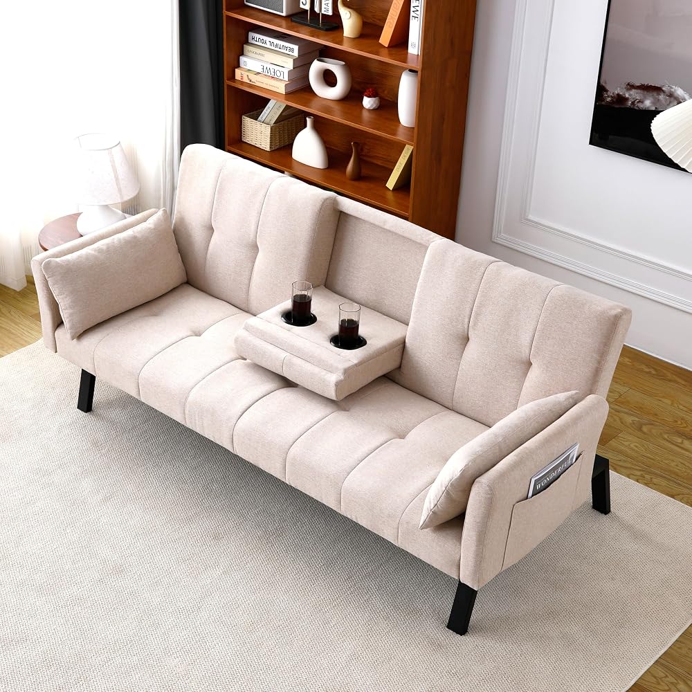 KEIKI 70" Loveseat Sofa Bed with Cup Holders & Side Pockets, Tufted Backrest, 3 in 1 Cotton & Linen Convertible Sleeper for Small Spaces, Beige