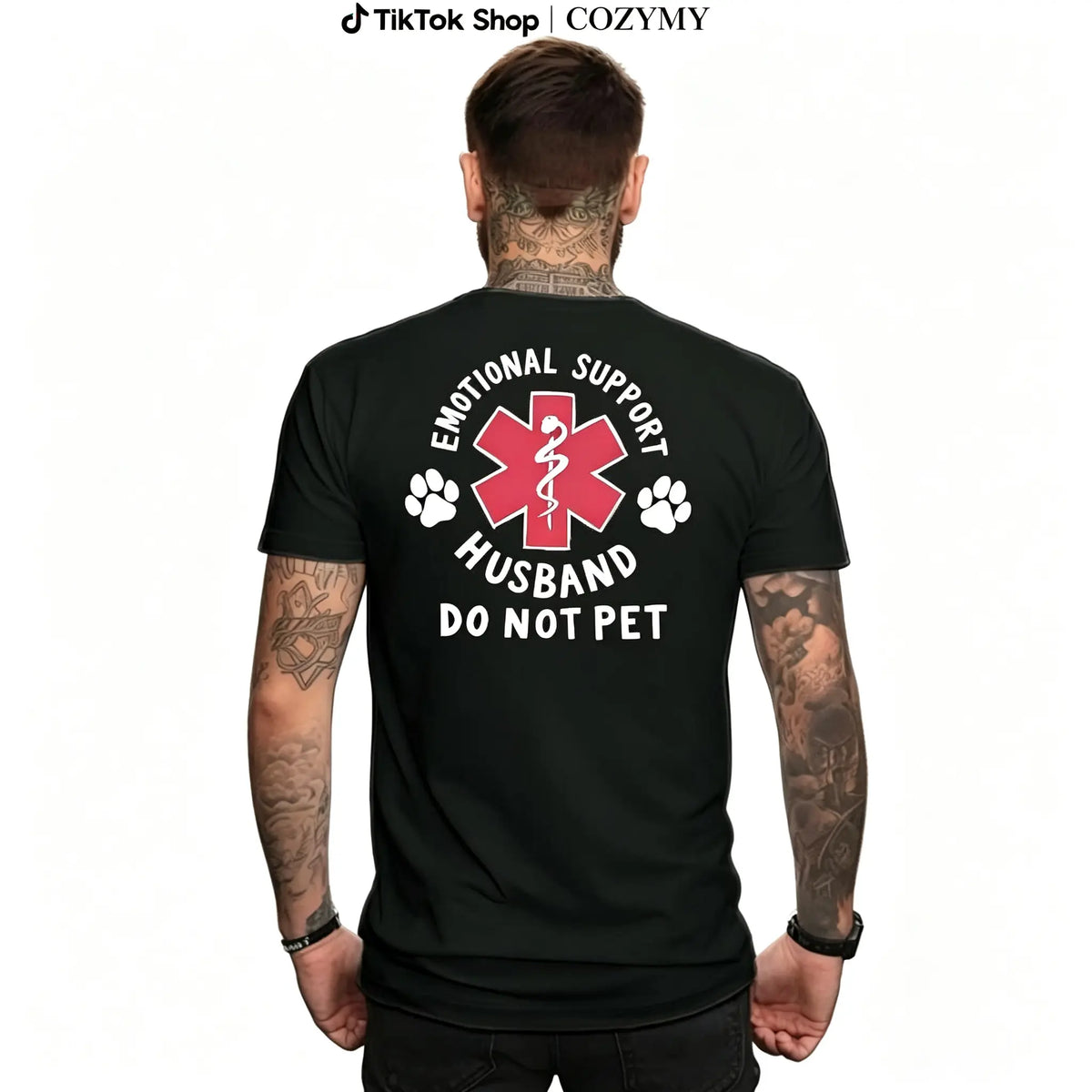 Menswear Cotton Classic Casual T-Shirt, Emotional Support Husband Shirt with Funny Do Not Pet Medical Symbol, Spouse Gift for Husband/Boyfriend, Short-Sleeve Crew Neck Top