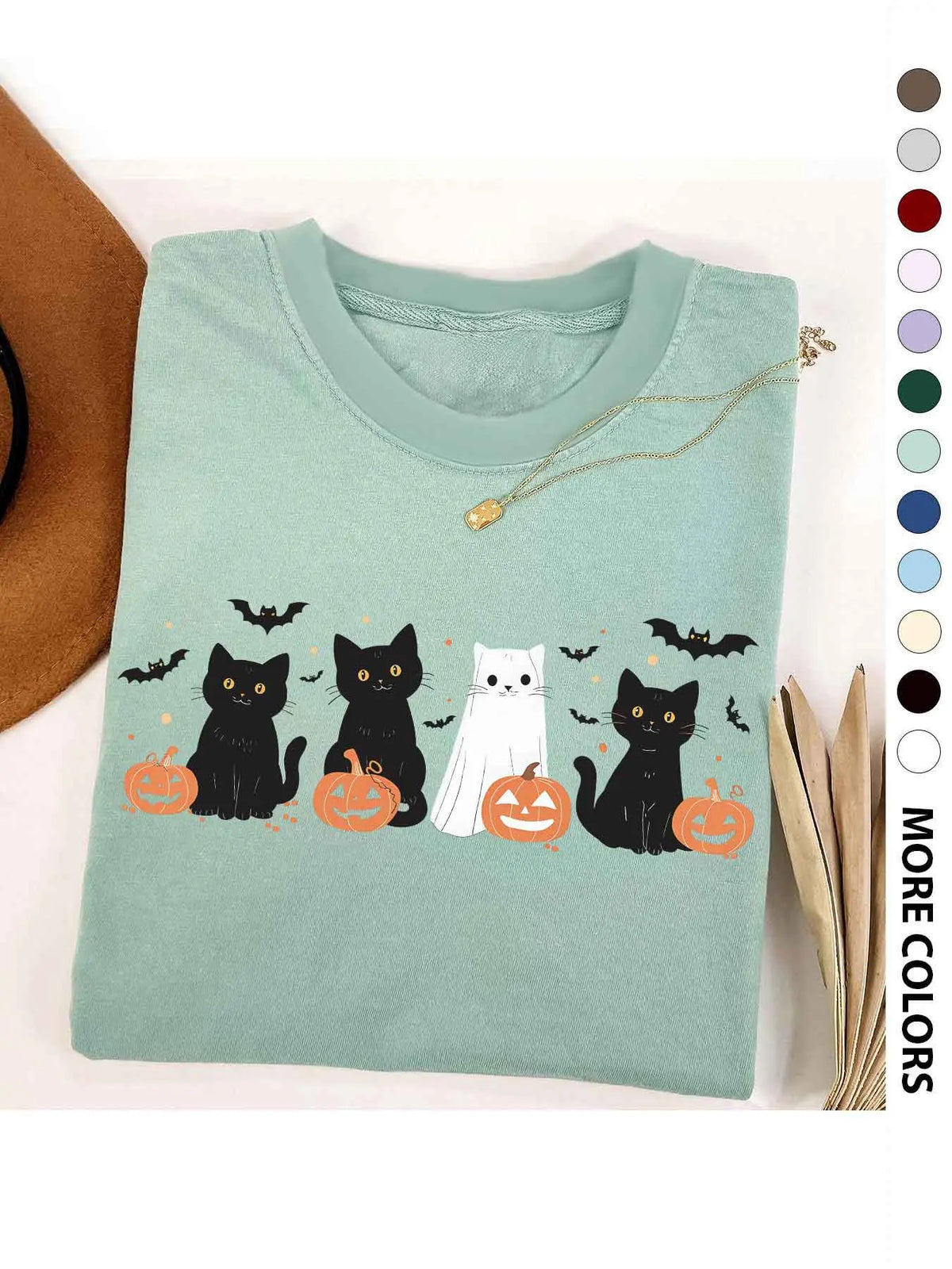 Women's Halloween Themed Cartoon Cat, Bat & Pumpkin Print Round Neck Tee, Cute Casual Fashion Fitted Drop Shoulder Short Sleeve T-shirt for Daily Wear, Ladies Clothes for All Seasons