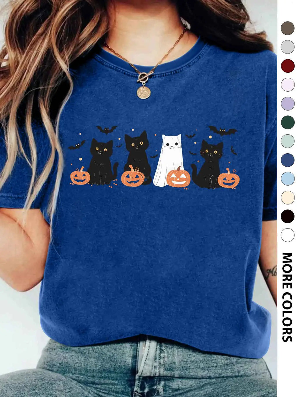 Women's Halloween Themed Cartoon Cat, Bat & Pumpkin Print Round Neck Tee, Cute Casual Fashion Fitted Drop Shoulder Short Sleeve T-shirt for Daily Wear, Ladies Clothes for All Seasons