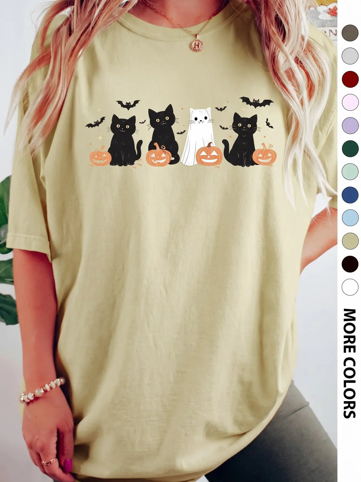 Women's Halloween Themed Cartoon Cat, Bat & Pumpkin Print Round Neck Tee, Cute Casual Fashion Fitted Drop Shoulder Short Sleeve T-shirt for Daily Wear, Ladies Clothes for All Seasons